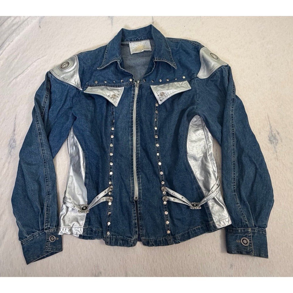 Vintage Isabella Sole Denim Jacket Large Silver Leather Studded Western Y2K